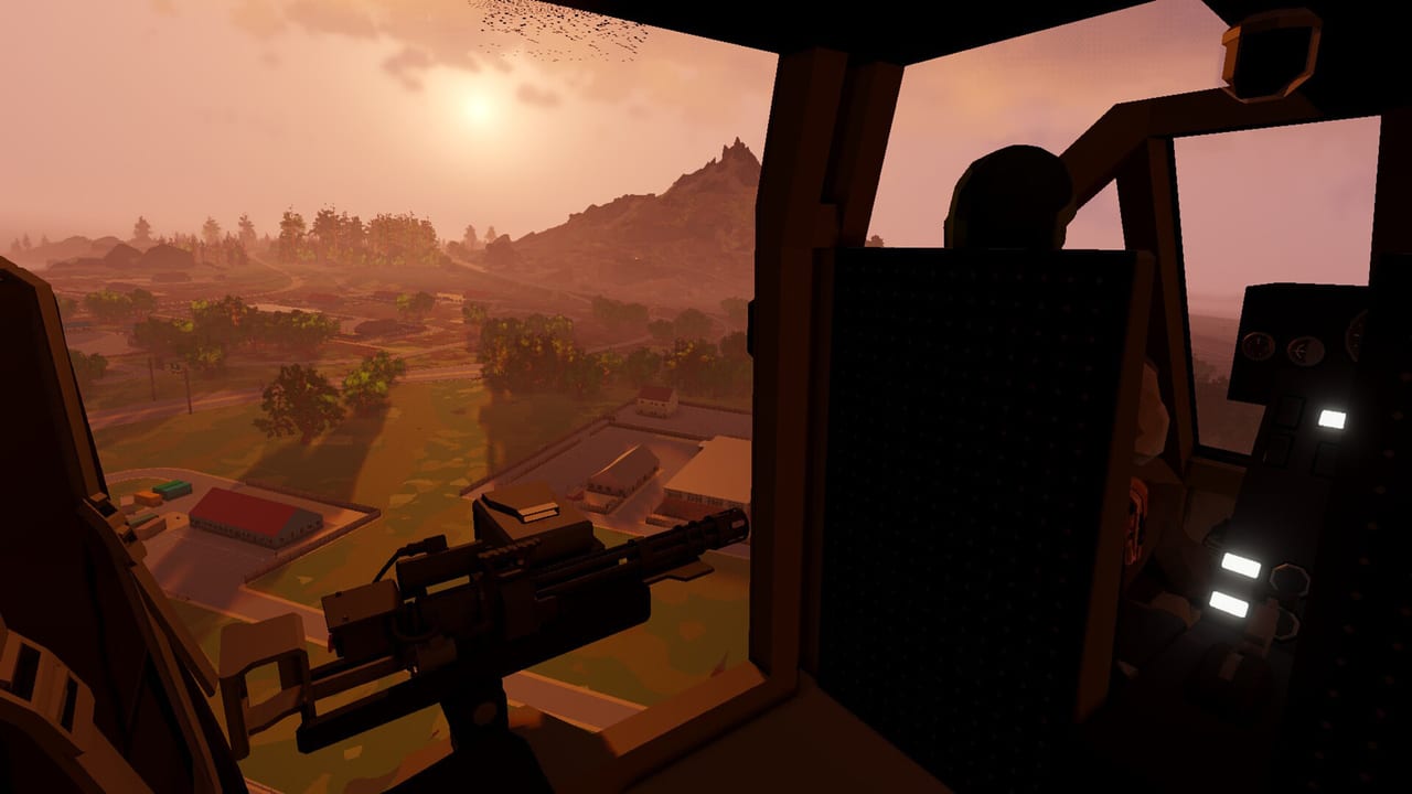 Anymaker cockpit view from a player-built aircraft over a sunlit valley with a mounted weapon
