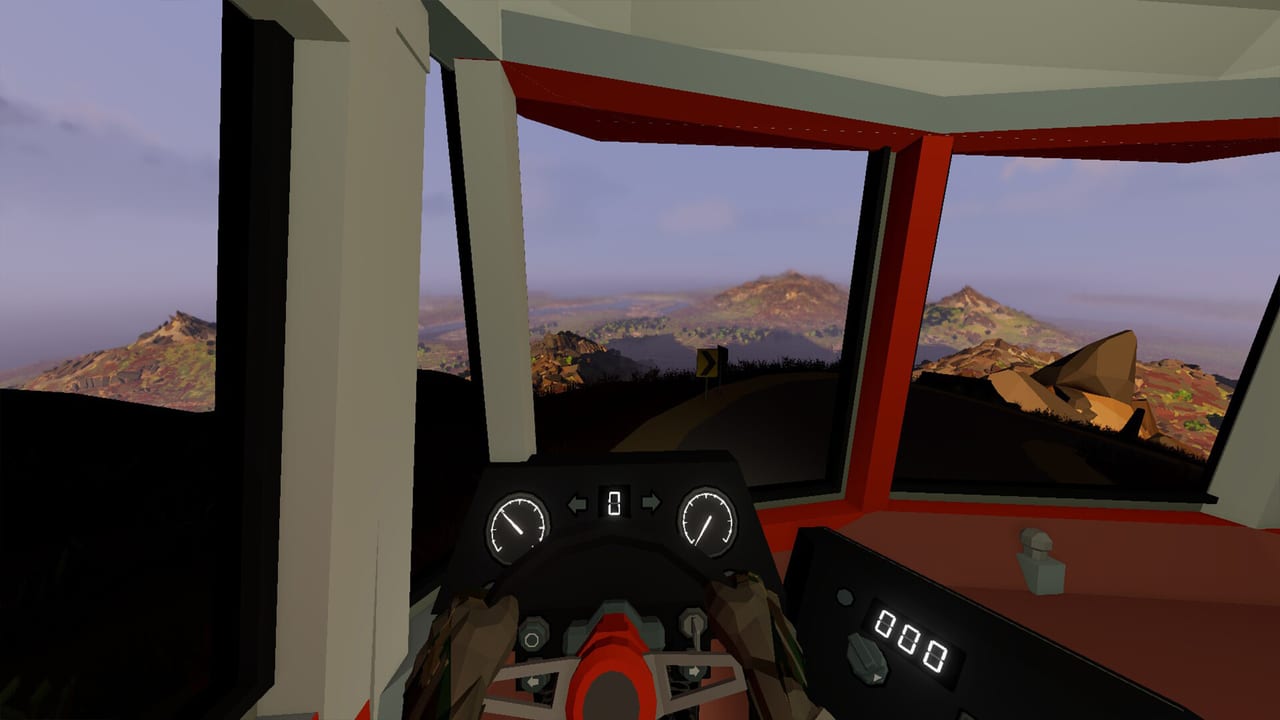 Anymaker dashboard view driving a mountain road in a player-built vehicle